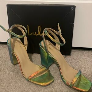 Larsaa Hologram Snake-Embossed Ankle Strap High Heel Sandals